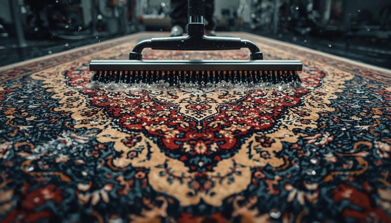 تصویری از نمای نزدیک یک فرش در حال شسته شدن