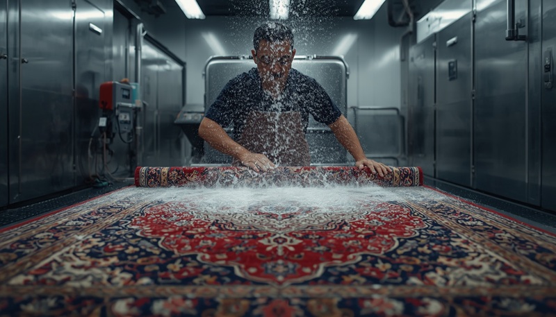 متخصص در حال شست و شوی فرش